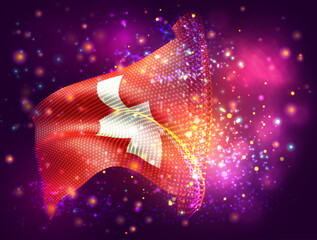 Canvas Print - Switzerland, vector 3d flag on pink purple background with lighting and flares