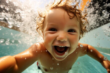 Child Having Fun By Diving In The Pool In Summer