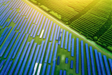 Wall Mural - solar panels plant, aerial view - rows of photovoltaic cell collectors on a landscape. green energy 