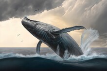 Humpback Whale Jumping In Water, Hyperrealism, Photorealism, Photorealistic