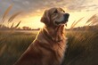 Golden Retriever dog enjoying outdoors at a large grass field at sunset, beautiful golden light, hyperrealism, photorealism, photorealistic