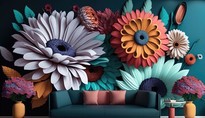Wall Mural - 3d colorful flowers wall decor 4k wallpaper, 3D wallpaper for home interior classic decorations background Flowers Classic illustration