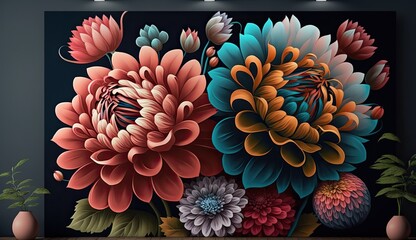 Wall Mural - 3d colorful flowers wall decor 4k wallpaper, 3D wallpaper for home interior classic decorations background Flowers Classic illustration