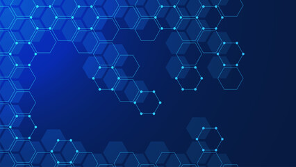 Abstract hexagon pattern background with molecular structure and particle. Digital big data visualization, network connection and communication technology concept design.