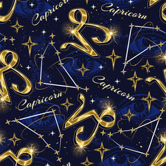 Wall Mural - Seamless pattern with golden icon of zodiac sign Capricorn, constellation with stars, text, third eye, all seeing eye on blue background. Esoteric concept For prints, clothing, t shirt, surface design