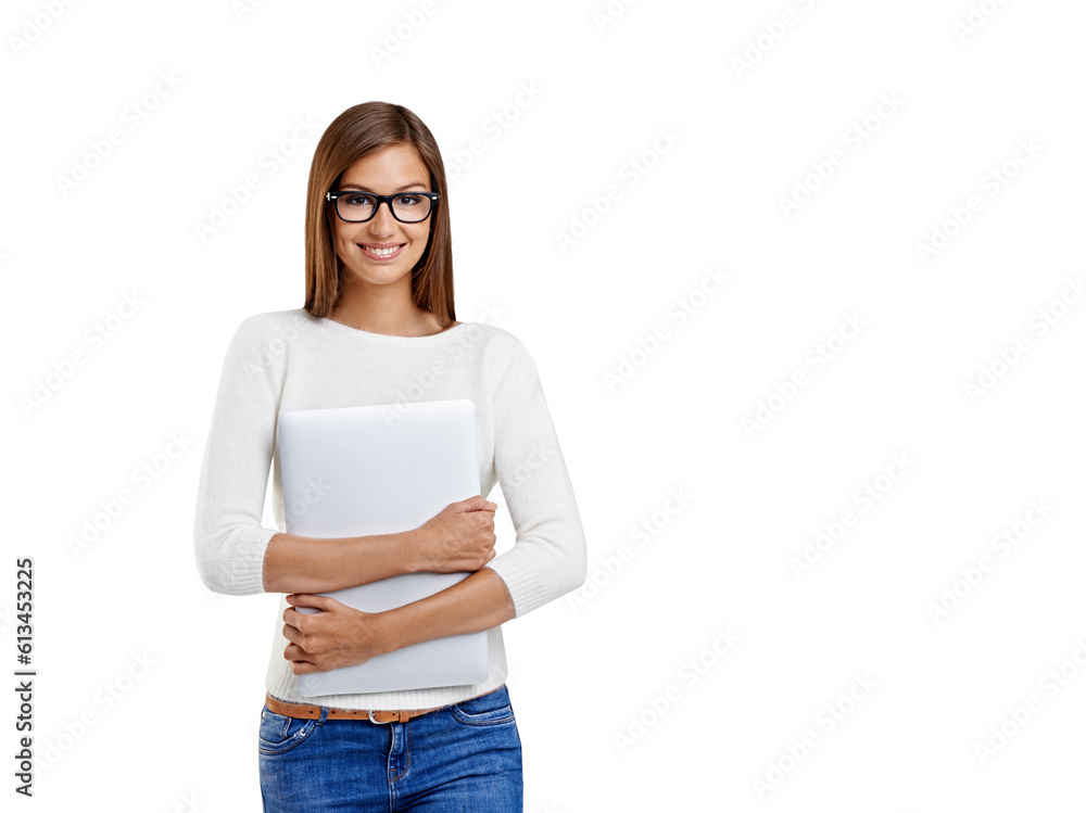 Young woman, student and laptop with glasses isolated on a transparent, png background for education. Gen z female person with a computer for e learning, online course or scholarship to study