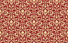 Wallpaper In The Style Of Baroque. Seamless Vector Background. Gold And Red Floral Ornament. Graphic Pattern For Fabric, Wallpaper, Packaging. Ornate Damask Flower Ornament