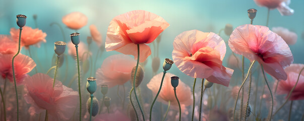 Wall Mural - Pink poppies in the field spring flower with blurred background, ai generate