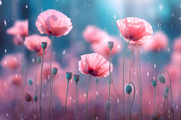 Wall Mural - Pink poppies in the field spring flower with blurred background, ai generate