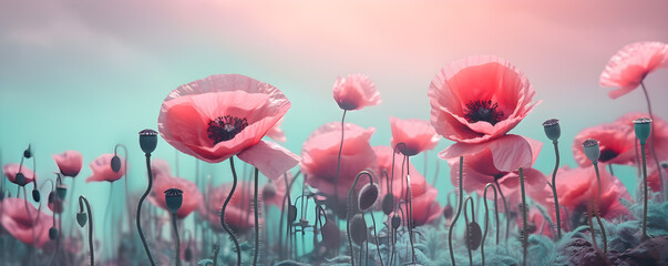 Wall Mural - Pink poppies in the field spring flower with blurred background, ai generate