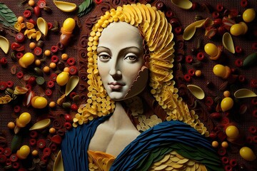 Wall Mural - Mona Lisa composed entirely of vibrant pasta shapes, a mosaic of farfalle, penne, and spaghetti weaving her timeless allure illustration generative ai