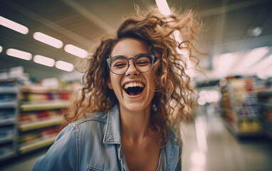 A young woman runs through the aisles of a supermarket with his shopping cart looking happy and excited