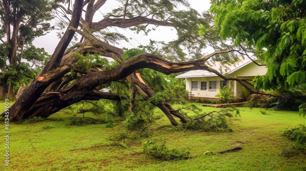 Fallen down big tree caused damage of yard fence after hurricane. AI ...
