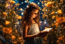 A Little Girl Reading A Book In A Field Of Flowers. Generative AI Image.