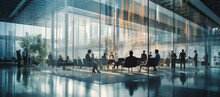 Corporate Collaboration: Blurred Business People In Glass Office. 