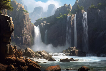 Poster - A digital painting of a serene waterfall cascading down a rocky cliff, conveying the soothing and calming properties of water.  Generative AI technology.
