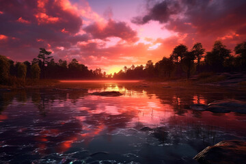 Fototapete - a colorful sunset reflected on the calm surface of a river, creating a dreamy and romantic atmosphere.  Generative AI technology.