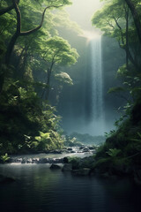 Poster - A tranquil image of a misty waterfall surrounded by lush green vegetation, creating an atmosphere of serenity and natural beauty.  Generative AI technology.