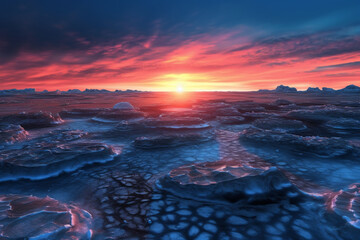 Poster -  a frozen landscape at sunset, with the sky ablaze in hues of orange and pink, contrasting against the icy blue tones of the frozen terrain. Generative AI technology.