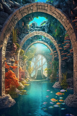 Poster - a school of tropical fish swimming through a coral archway, evoking a sense of tranquility and wonder beneath the sea. Generative AI technology.