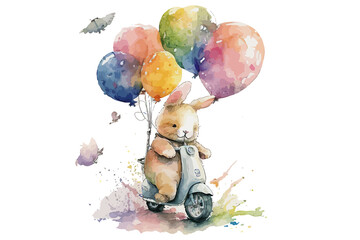 Sticker - Cute bunny on scooter and balloons in watercolor style. Isolated. Generative AI