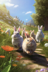 Poster -  A group of rabbits hopping and playing in a grassy enclosure, illustrating the trend of creating enriching environments for pet rabbits. Generative AI technology.