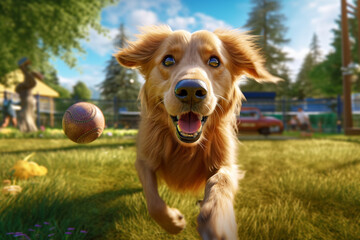 Poster -  A golden retriever playing fetch with a ball in a grassy park, showcasing the energy and friendliness of this popular family dog breed.  Generative AI technology.