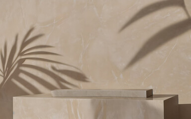 Poster - Marble beige podium with shadow from palm leaves on the wall. Background for presentation. AI generated.
