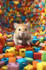 Poster - A hamster exploring a colorful maze in its cage, reflecting the popularity of small rodents as low-maintenance and interactive pets. Generative AI technology.