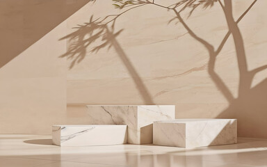 Poster - Three beige marble platforms with shadow from tree foliage on the wall. Background for presentation. AI generated.