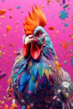 An Abstract Surreal Photograph Of A Chicken Splashed In Bright Paint, Contemporary Colors And Mood Social Background.  Generative AI Technology.