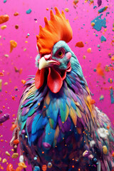 an abstract surreal photograph of a chicken splashed in bright paint, contemporary colors and mood s