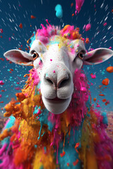 Wall Mural - An abstract surreal photograph of a Sheep splashed in bright paint, contemporary colors and mood social background. Generative AI technology.
