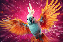 An Vibrant Photograph Of A Cockatoo Splashed In Bright Paint, Contemporary Colors And Mood Social Background.  Generative AI Technology.