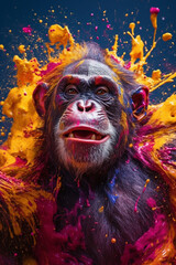Aufkleber - An abstract surreal photograph of a Chimpanzee splashed in bright paint, contemporary colors and mood social background.  Generative AI technology.