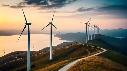 Panoramic view of wind farm or wind park, with high wind turbines for generation electricity with copy space. Green energy concept. Generative AI