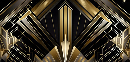 Abstract art deco. Great Gatsby 1920s geometric architecture background. Retro vintage black, gold, and silver roaring 20s texture.