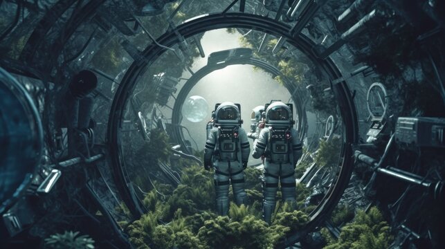 Two astronauts are standing in a space station. Generative AI image.