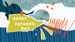 Happy Father's Day poster, card or banner template. Modern collage with cap, doodle elements, stickers, torn paper. Halftone collage in a contemporary punk grunge style. 
