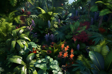 Wall Mural - Tropical flowers plants background, ai generate