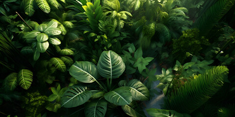 Wall Mural - Top view Tropical flowers plants background, ai generate