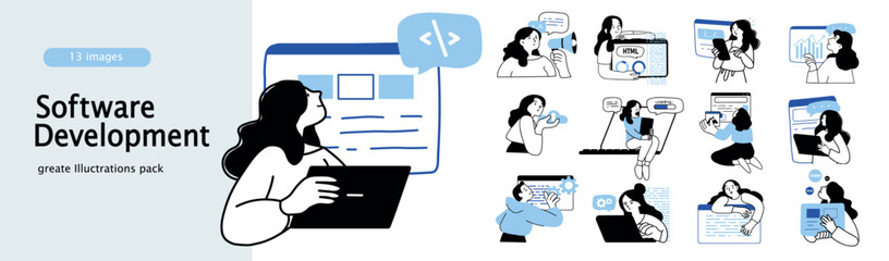 Set of mini concepts on the topic of software development. Illustration of cartoon characters in flat design that are involved in software. Vector illustration.