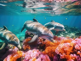 Wall Mural - A group of dolphins swimming over a coral reef. Generative AI image.