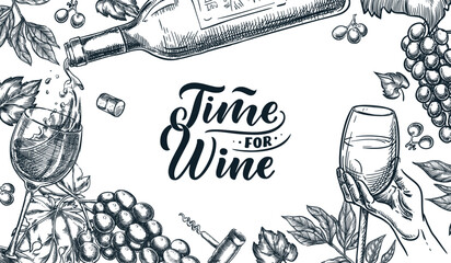 Wine tasting banner, poster or party flyer. Vector sketch illustration. Winery shop, menu or package design template