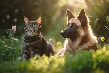 Cat and dog playing together outdoor in sunny garden,