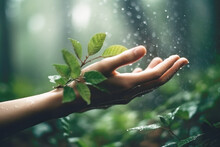 Human Hand Gently Touching Plant With Green Leaves. Earth Day And Environmental Protection Concept