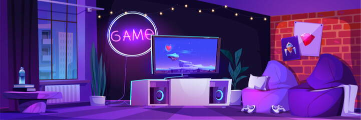 Wall Mural - Gamer tournament night cartoon illustration vector. Streamer room interior for video game with console, tv and joystick. Dark online lounge ad design for virtual party in house cyber studio.