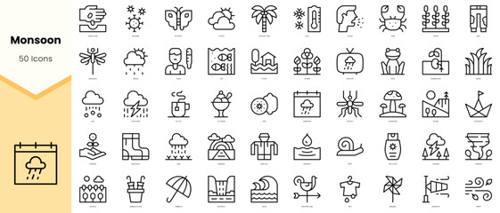 Set of monsoon Icons. Simple line art style icons pack. Vector illustration