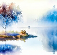 Watercolor Sketch, White, Blue, Morning Fog With Ponds And Trees. Generative AI