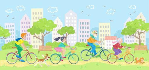 happy people on a walk. friendly family rides bicycles with their pets in the city park. banner in c